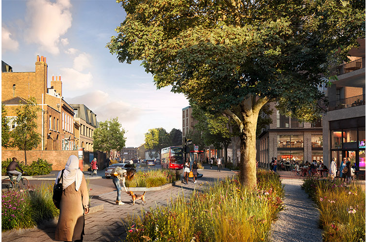 Paved walkways and plently of shops