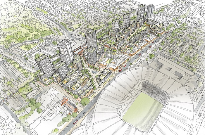 Aerial view drawing of stadium and nearby apartments